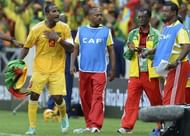 Ethiopia's Girma Gebrayes (L) celebrates after scoring at Mbombela Stadium in Nelspruit on January 21, 2013
